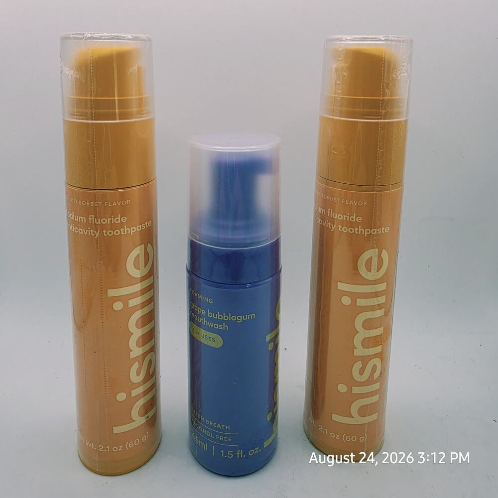 Hismile Fluoride Toothpaste 2 Mango Sorbet Exp 9/26 + Grape Bubblegum Mouthwash